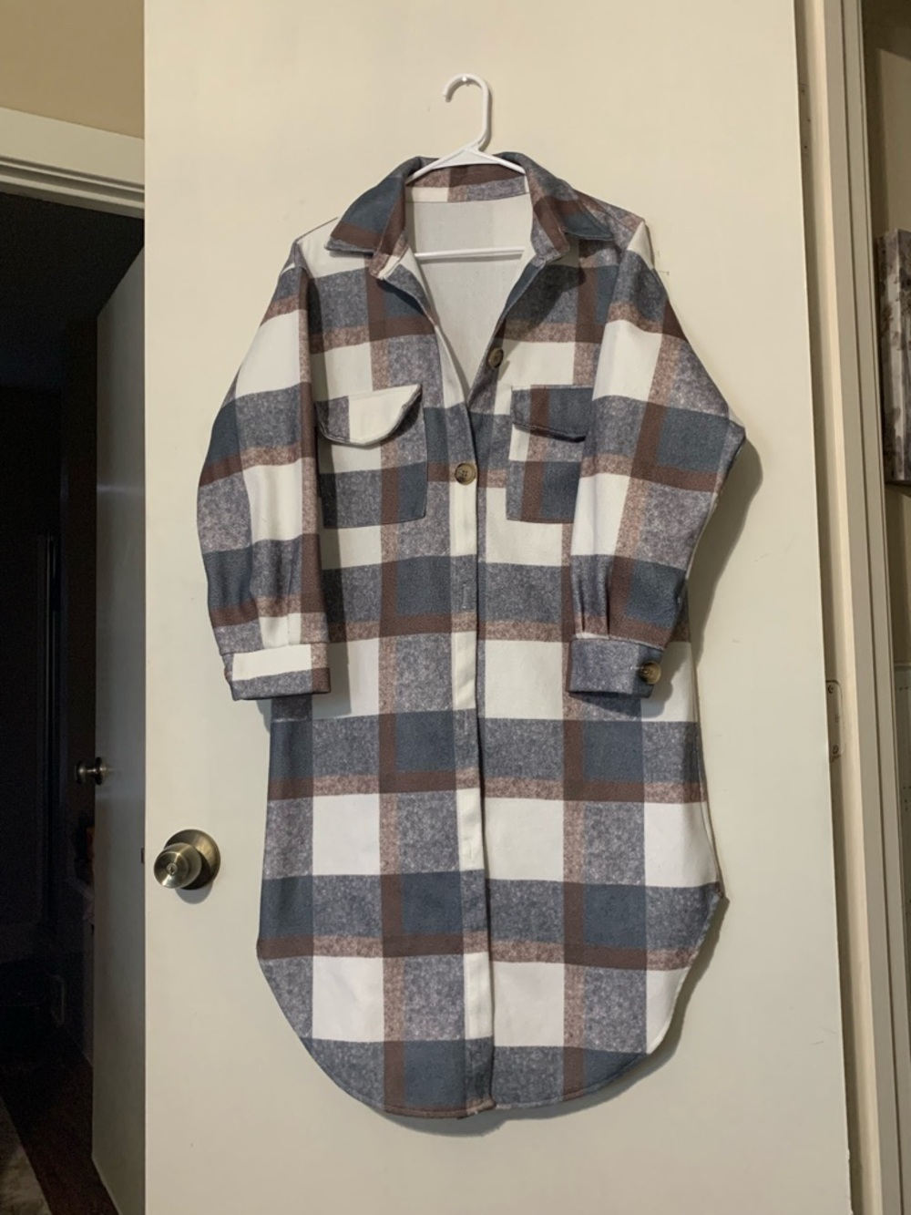 Plaid Shirt Jacket — Cream, Blue & Brown